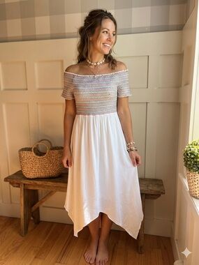 Smocked One-Shoulder White Midi Dress Medium